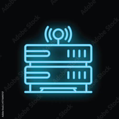 Neon blue icon of a server with an antenna transmitting a wireless signal on a black background