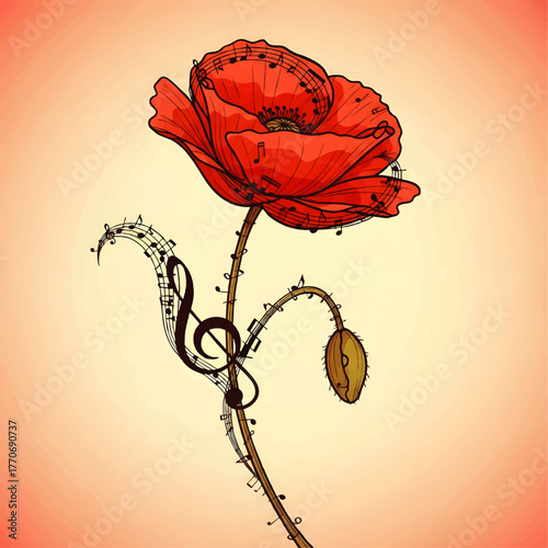 A stylized illustration of a red poppy flower with musical notes forming its petals and stem, against a gradient background.