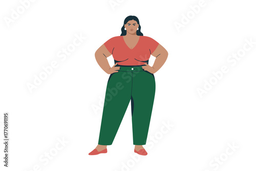 A confident, plus-size person stands with hands on hips and a proud expression.