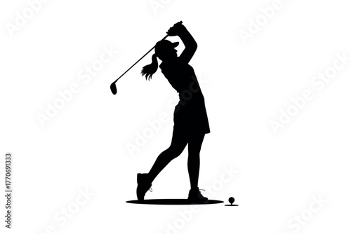 Silhouette of a woman playing golf, swinging a club with focus and determination.