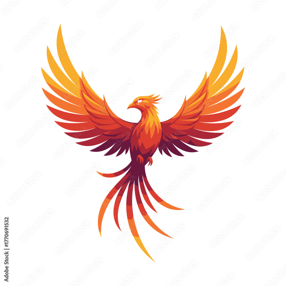 Fototapeta premium Phoenix bird with outstretched wings in vibrant orange and yellow, isolated on white background