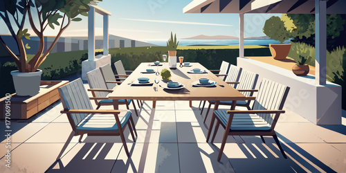 Luxury beach resort dining with outdoor cafe tables and chairs on the sand near the sea water