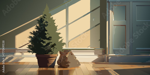 A decorative indoor Christmas tree in a pot sits in a window of a house