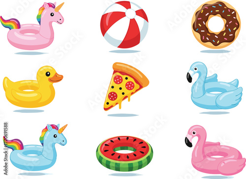 Cartoon pool floats, summer snacks, inflatable toys, unicorn, flamingo, pizza, donut, beach ball, vector art, colorful design, fun