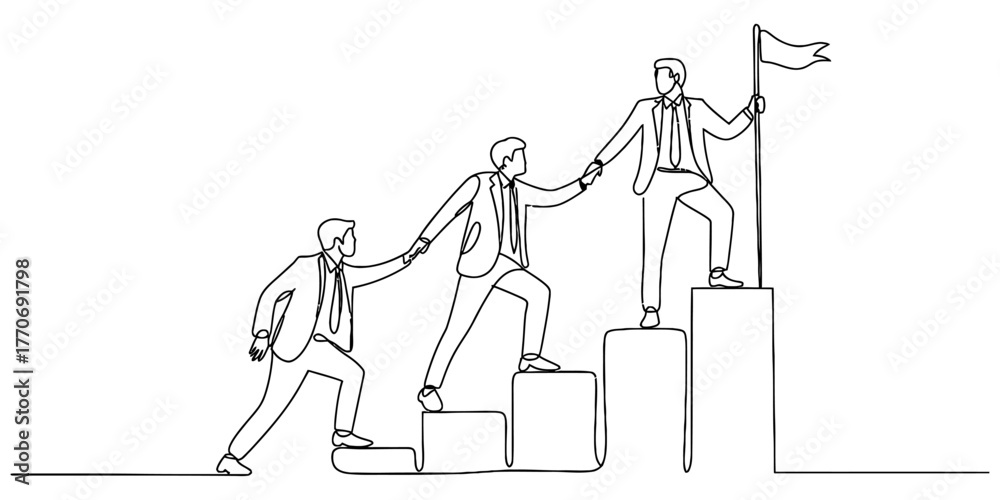 Εκτύπωση καμβά Continuous line drawing of business people climbing stairs to success with a fla