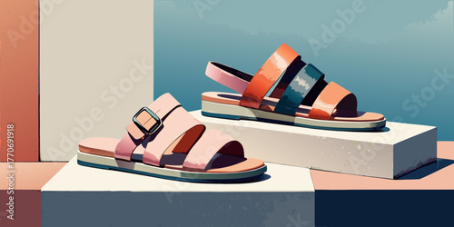 Fashion vector illustration of a pair of casual shoes on a red background