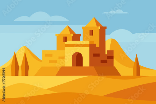 Cartoon golden desert with ruins vector illustration