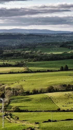 Scenic views of green fields and countryside in West Cork, Ireland on a cloudy day, aerial perspective.