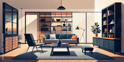 Contemporary interior design of a modern living room or office with luxury furniture and wall decor