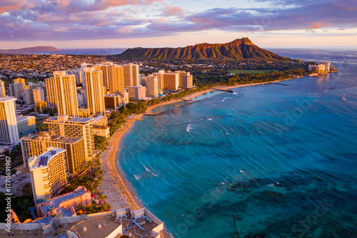 Waikiki Beach Skyline at Sunset with Diamond Head