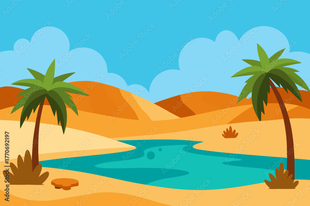 Obraz premium Cartoon desert oasis palm grove vector illustration