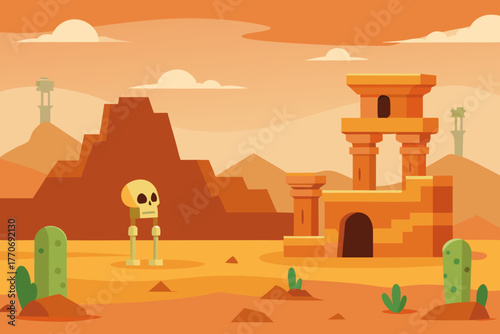 Cartoon desert skeleton ruins vector illustration