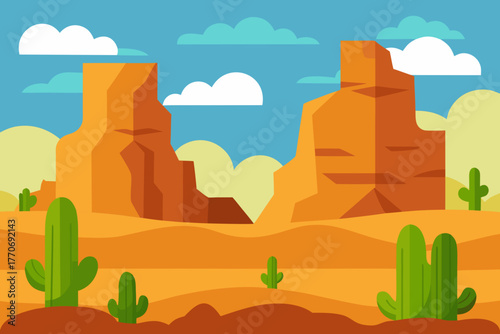 Cartoon sandstone cliffs and cacti vector illustration
