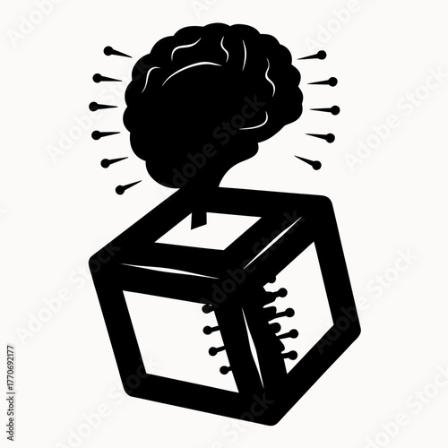 A black silhouette of a brain emerging from a cube with radiating lines and small protrusions around it