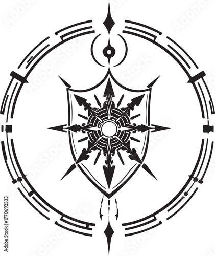 A elegant black and white vector silhouette of a medieval escutcheon, infused with futuristic sci-fi style. Advanced technology and cosmic motifs are seamlessly integrated against a stark white back.