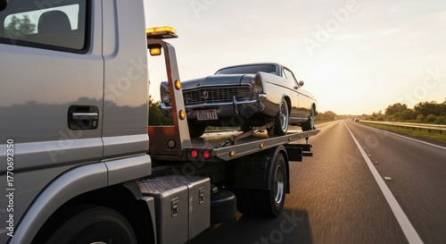 Classic car on a flatbed tow truck traveling along a highway at sunset