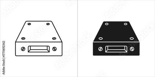 Black metal case icon, industrial equipment box symbol