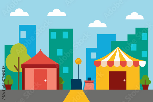 Cartoon outdoor art fair street scene vector illustration
