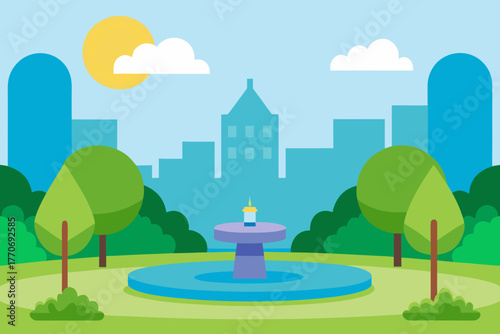 Cartoon city park with a fountain vector illustration