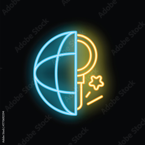 Blue and yellow neon icon of half earth globe and magnifying glass exploring for new possibilities