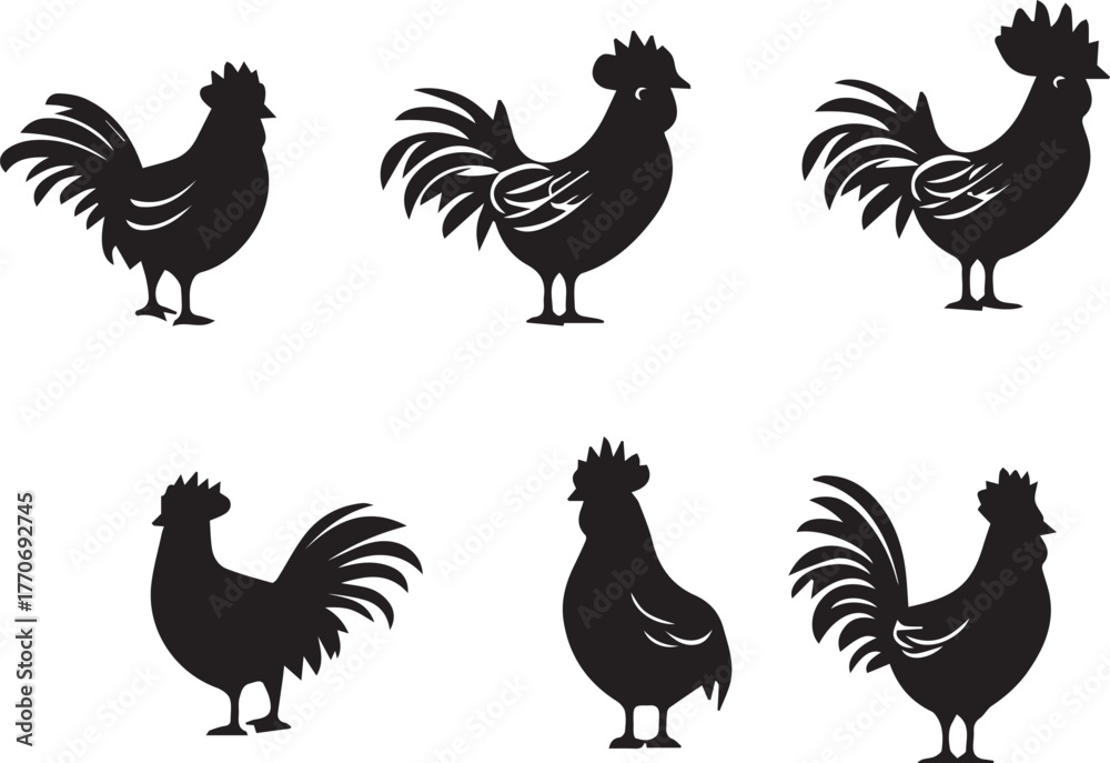 Fototapeta premium Set of Proud Rooster silhouette vector icons on white background