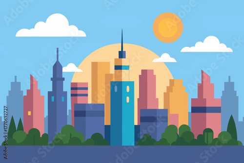 Cartoon city skyline in morning light vector illustration