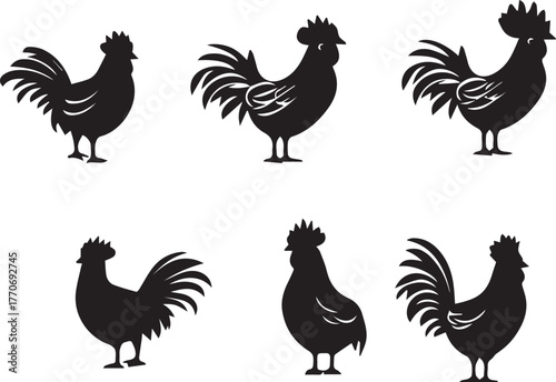 Set of Proud Rooster silhouette vector icons on white background