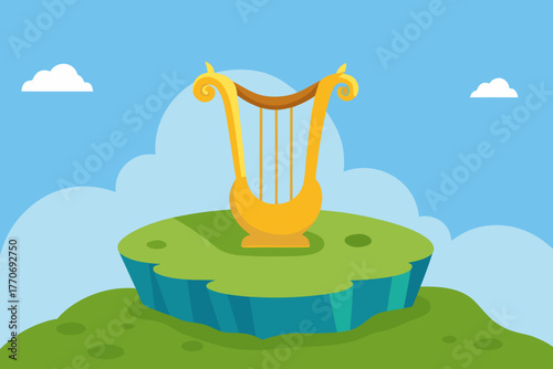 Cartoon enchanted harp on a cliff vector illustration