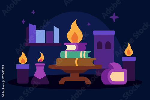 Cartoon sorcerer's study with candles vector illustration