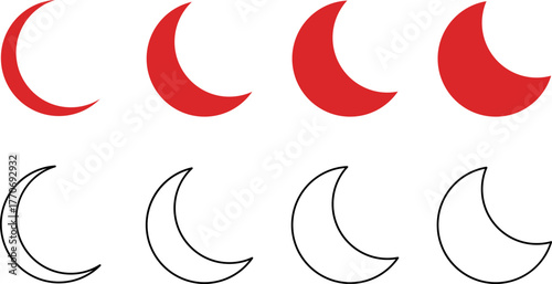Four red crescent moon shapes and their outlines