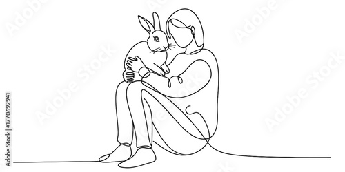 Continuous line art illustration of a person holding a rabbit in a single fluid stroke vector