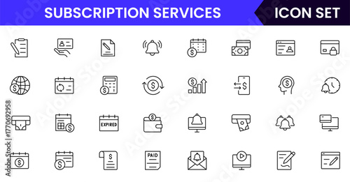 Subscription Services vector web line icon collection, sleek illustrations of plans, payments, memberships, digital access for modern, streamlined designs.