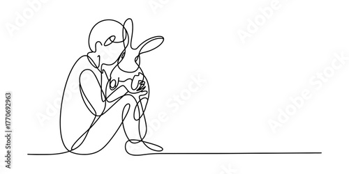 Continuous single line drawing of a person sitting with a stuffed rabbit friend vector