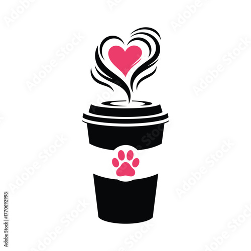 A coffee cup with a paw print and heart shaped steam design is isolated professional stock photography content