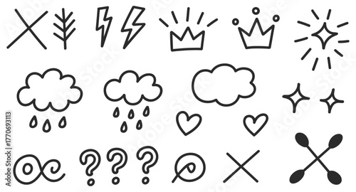 Collection Of Hand Drawn Doodle Icons Including Lightning Bolt Crown And Clouds Keywords: doodle, icon, set, hand drawn, drawing, illustration