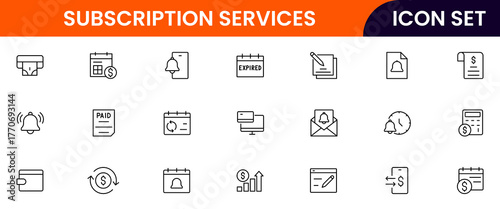 Subscription Services vector web line icon collection, sleek illustrations of plans, payments, memberships, digital access for modern, streamlined designs.