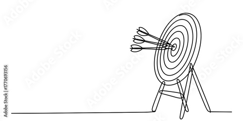 Single continuous line drawing of darts hitting a target symbolizing success and achievement vector