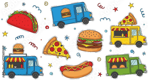 Street Food Trucks and Snacks Cartoon Vector Illustration with Burgers Tacos and Pizza