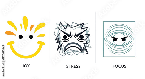 Joy stress focus mood icons expression face feeling emotion reaction attitude