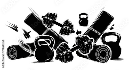 Silhouette fitness equipment collection yoga mat dumbbell kettlebell strength training