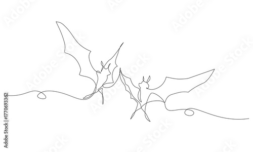 Minimalist continuous one line drawing of two flying bats, symbolizing night freedom and graceful motion, modern single line art on white background. Editable stroke