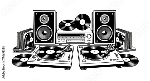 Vinyl Records and Turntables With Sound System Speakers Black and White Vector Art