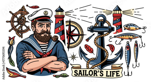 Sailor Character Anchor and Lighthouse Marine Nautical Elements Vector Illustration