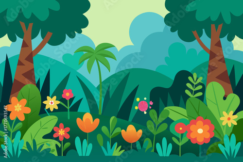 Cartoon wildflower jungle clearing vector illustration