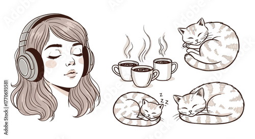Girl listening to music with cats relaxing with coffee tea aesthetic illustration