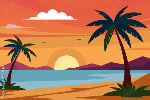 Cartoon tropical beach at sunset vector illustration