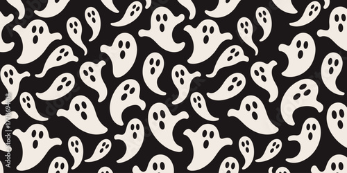 Seamless Pattern of Cute White Ghosts on a Black Background for Halloween spooky scary