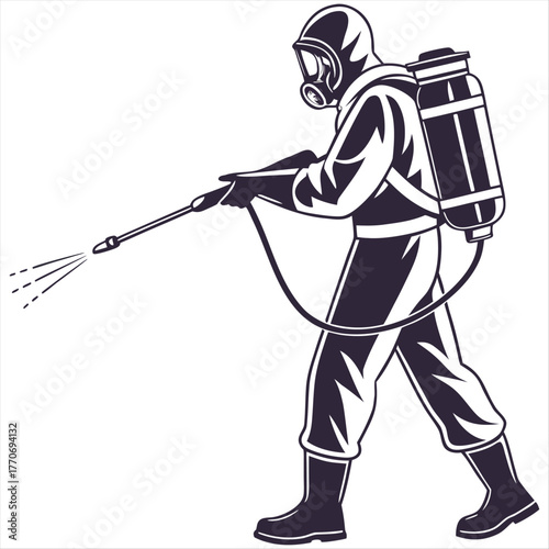 Silhouette of person in hazmat suit spraying disinfectant with tank on back on white background