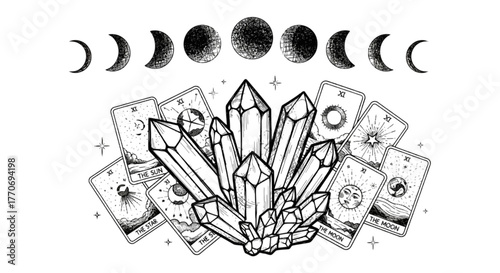 Esoteric symbols set moon phases crystals and tarot cards mystical spiritual outline
