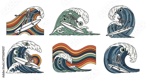 Skeleton Surfer on Wave Collection Vector Illustration Beach Vacation Surfboard Ocean Sport